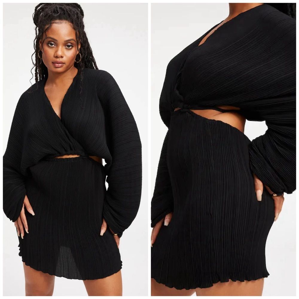 Good American Black Pleated Mini Dress Dramatic Sleeves Open Back S M